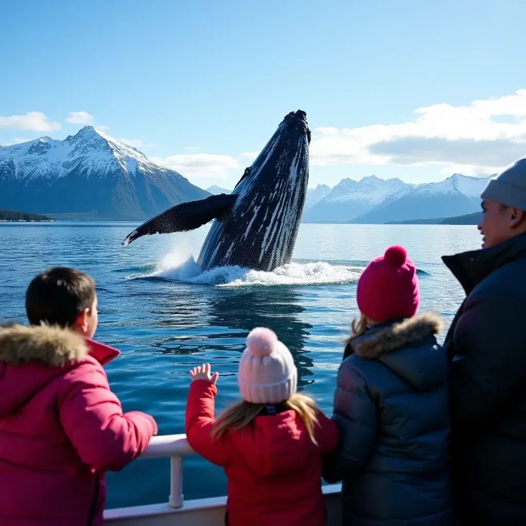Группа туристов на борту круизного судна, наблюдающих за китами.