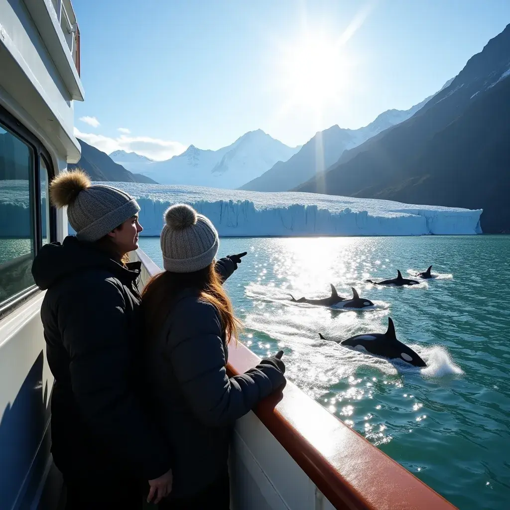 Туристы, наслаждающиеся видом на арктическое солнце за горизонтом.