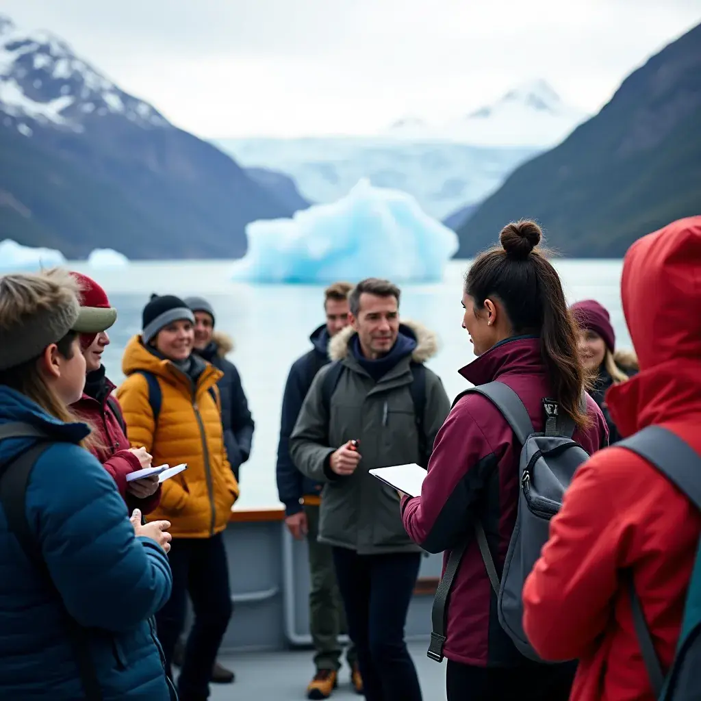 Тихая бухта с дрейфующими айсбергами и отражением гор.